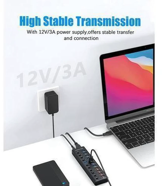 Alt view image 11 of 14 - Powered USB Hub 3.0, 11-Port USB Hub Splitter (7 USB 3.0 Data Ports + 4 Smart Charging Port) with 12V/3A Power Adapter and LED Individual On/Off Switches for Laptop and PC