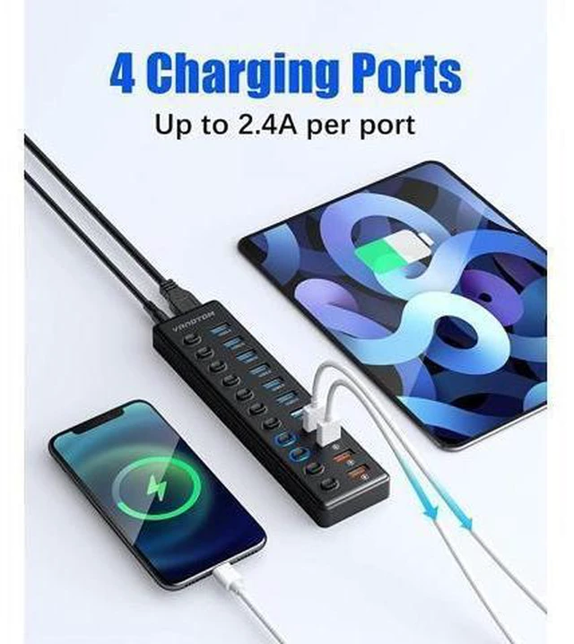 Alt view image 12 of 14 - Powered USB Hub 3.0, 11-Port USB Hub Splitter (7 USB 3.0 Data Ports + 4 Smart Charging Port) with 12V/3A Power Adapter and LED Individual On/Off Switches for Laptop and PC