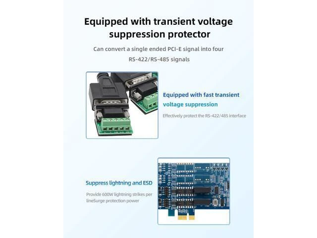 Alt view image 11 of 14 - Buaczo PCIe to Dual RS-485/422 Serial Port Card with 2500V Opto-Isolation, Anti-Surge/Lightning Protection & Terminal Block - DIN Rail Mountable for PLC, CNC, SCADA, Industrial Automation