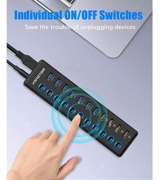 Alt view image 14 of 14 - Powered USB Hub 3.0, 11-Port USB Hub Splitter (7 USB 3.0 Data Ports + 4 Smart Charging Port) with 12V/3A Power Adapter and LED Individual On/Off Switches for Laptop and PC