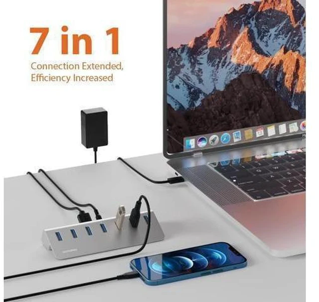 Alt view image 6 of 8 - Achoro 7 Ports Powered USB HUB - 2nd Generation 10GB Super Speed External USB Port - USB 3.2 Aluminium USB Hub for Computer, Mac, PCs, Smartphone & Tablets - Computer Multiple USB Hub (POWERED SILVER)