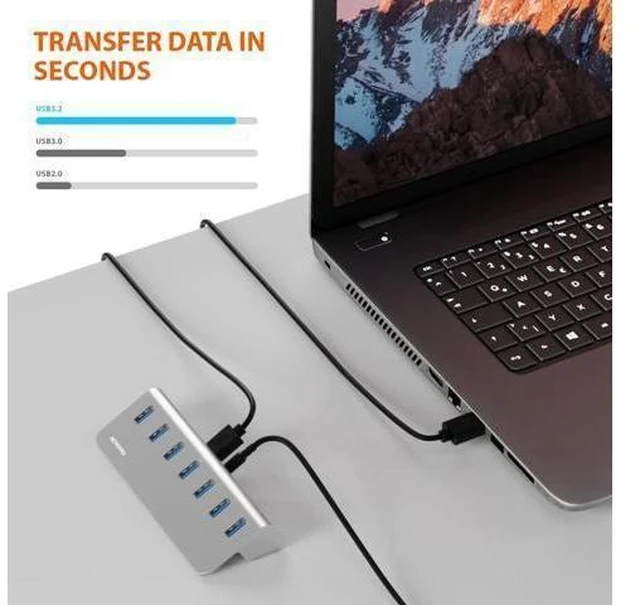 Alt view image 7 of 8 - Achoro 7 Ports Powered USB HUB - 2nd Generation 10GB Super Speed External USB Port - USB 3.2 Aluminium USB Hub for Computer, Mac, PCs, Smartphone & Tablets - Computer Multiple USB Hub (POWERED SILVER)