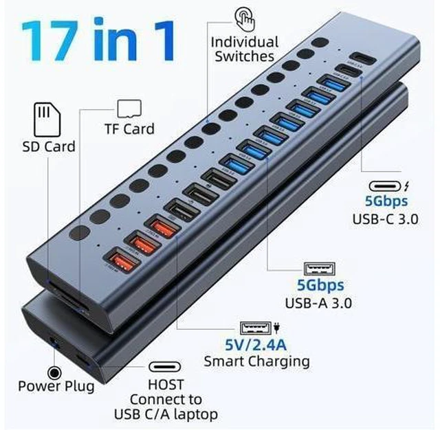 Alt view image 9 of 14 - Powered USB Hub, VANGREE 17-Port 90W USB 3.0 Splitter (7 USB 3.0 Ports+3 Smart Charging Ports+3 USB 2.0 Ports+2 USB-C 3.0 Ports+SD/TF Card Reader), 12V/7.5A Power Adapter for Laptop, PC
