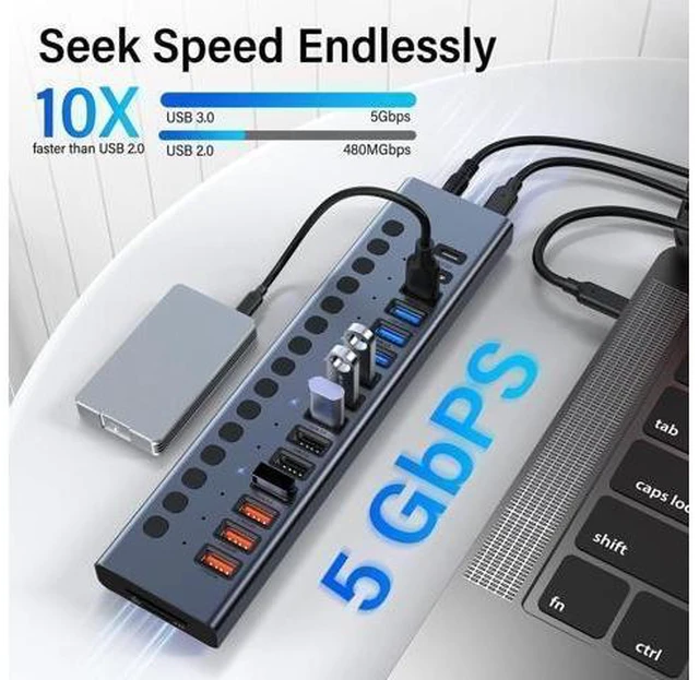 Alt view image 10 of 14 - Powered USB Hub, VANGREE 17-Port 90W USB 3.0 Splitter (7 USB 3.0 Ports+3 Smart Charging Ports+3 USB 2.0 Ports+2 USB-C 3.0 Ports+SD/TF Card Reader), 12V/7.5A Power Adapter for Laptop, PC