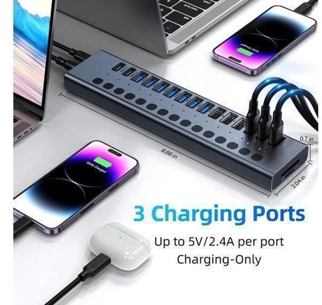 Alt view image 11 of 14 - Powered USB Hub, VANGREE 17-Port 90W USB 3.0 Splitter (7 USB 3.0 Ports+3 Smart Charging Ports+3 USB 2.0 Ports+2 USB-C 3.0 Ports+SD/TF Card Reader), 12V/7.5A Power Adapter for Laptop, PC