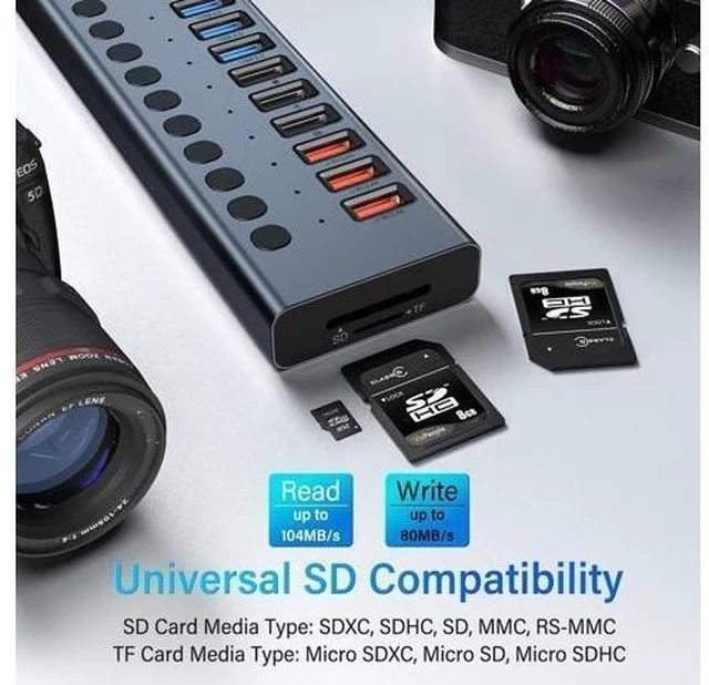 Alt view image 12 of 14 - Powered USB Hub, VANGREE 17-Port 90W USB 3.0 Splitter (7 USB 3.0 Ports+3 Smart Charging Ports+3 USB 2.0 Ports+2 USB-C 3.0 Ports+SD/TF Card Reader), 12V/7.5A Power Adapter for Laptop, PC