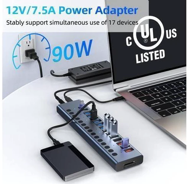 Alt view image 14 of 14 - Powered USB Hub, VANGREE 17-Port 90W USB 3.0 Splitter (7 USB 3.0 Ports+3 Smart Charging Ports+3 USB 2.0 Ports+2 USB-C 3.0 Ports+SD/TF Card Reader), 12V/7.5A Power Adapter for Laptop, PC