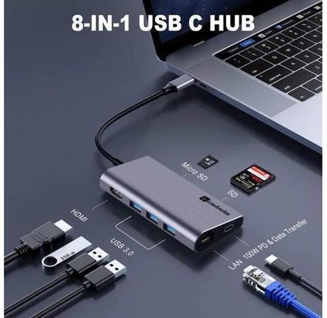 Alt view image 9 of 14 - USB C Hub Ethernet Multiport Adapter, LasAnclas 8-in-1 USB C Docking Station 4K HDMI, 100W PD, 3 USB 3.0, 1Gbps LAN USB C Dongle, SD/TF Reader USB C Dock for MacBook Air/Pro,iPad Pro 2021