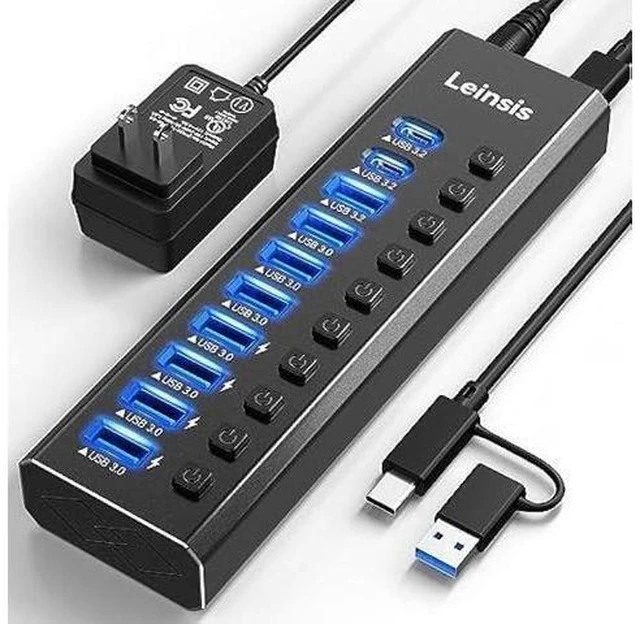 Alt view image 11 of 12 - Powered USB Hub 3.2, LEINSIS 10-Port USB 3.2/USB C Hub (10Gbps USB-A 3.2 +2 USB-C 3.2 +7 USB 3.0 Ports) with Individual On/Off Switches and 12V Power Adapter, Aluminum USB Hub Powered for Laptop PC