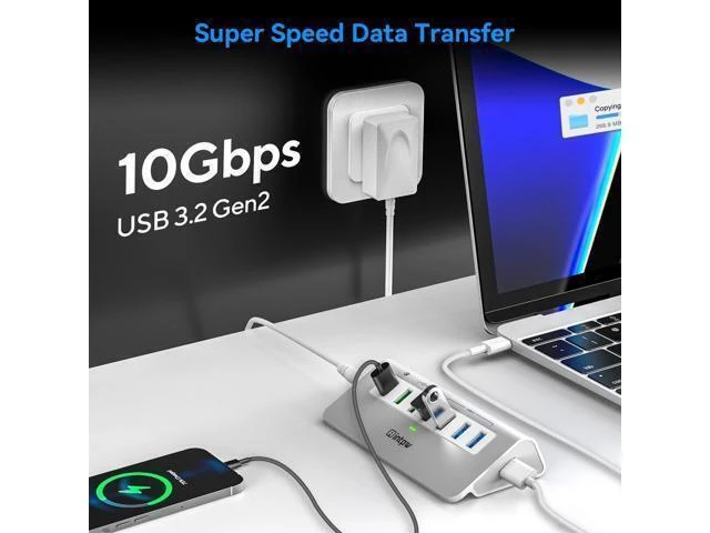 Alt view image 7 of 10 - Powered USB 3.2 Hub 10Gbps,7 Port USB Data Hub USB Splitter with 4 USB 3.2 Gen2 Data Ports,3 Fast Charging Ports,30W Power Adapter,Type A & C Cable, Aluminum Powered USB C Hub for Computer,PC,Laptop