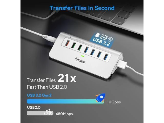 Alt view image 8 of 10 - Powered USB 3.2 Hub 10Gbps,7 Port USB Data Hub USB Splitter with 4 USB 3.2 Gen2 Data Ports,3 Fast Charging Ports,30W Power Adapter,Type A & C Cable, Aluminum Powered USB C Hub for Computer,PC,Laptop