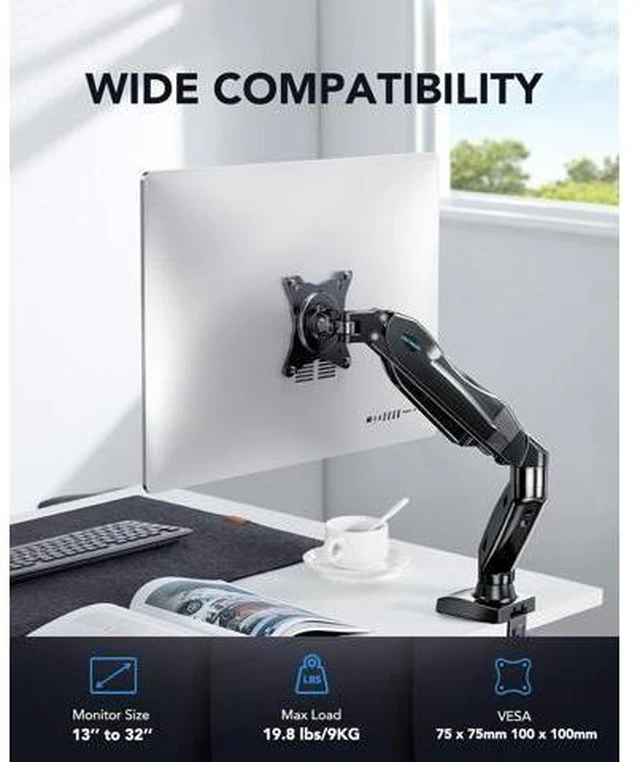 Alt view image 9 of 14 - HUANUO Single Monitor Mount, 13 to 32 Inch Gas Monitor Arm, Adjustable Stand, Vesa Mount with Clamp and Grommet Base - Fits 4.4 to 19.8lbs LCD Computer Monitors