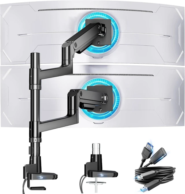 Alt view image 8 of 14 - ARES WING Dual Monitor Stand for Ultrawide Heavy Duty Curved Monitor Stacking, Fits 17-49 Inch, Vertical Gas Spring Double Monitor Mount with USB, Adjustable Dual Monitor Mount for Desk, Black
