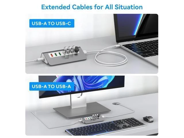 Alt view image 9 of 10 - Powered USB 3.2 Hub 10Gbps,7 Port USB Data Hub USB Splitter with 4 USB 3.2 Gen2 Data Ports,3 Fast Charging Ports,30W Power Adapter,Type A & C Cable, Aluminum Powered USB C Hub for Computer,PC,Laptop