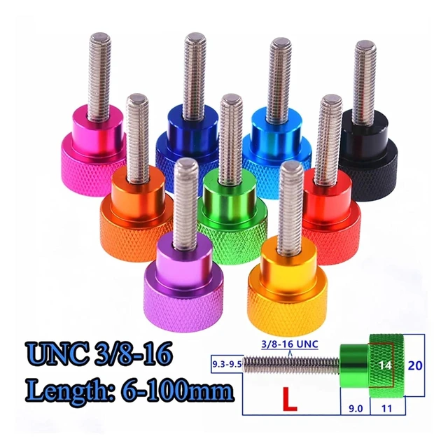 Alt view image 7 of 10 - 2Pcs UNC 3/8-16 Thumb Screw Aluminum Knurled Head Stainless Steel Thread Hand Tighten Thumb Screws Length 6-100mm(Sky Blue,L-20MM_UNC 3I8-16)