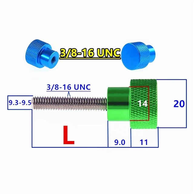 Alt view image 9 of 10 - 2Pcs UNC 3/8-16 Thumb Screw Aluminum Knurled Head Stainless Steel Thread Hand Tighten Thumb Screws Length 6-100mm(Sky Blue,L-20MM_UNC 3I8-16)