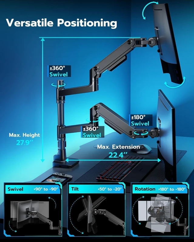 Alt view image 13 of 14 - ARES WING Dual Monitor Stand for Ultrawide Heavy Duty Curved Monitor Stacking, Fits 17-49 Inch, Vertical Gas Spring Double Monitor Mount with USB, Adjustable Dual Monitor Mount for Desk, Black
