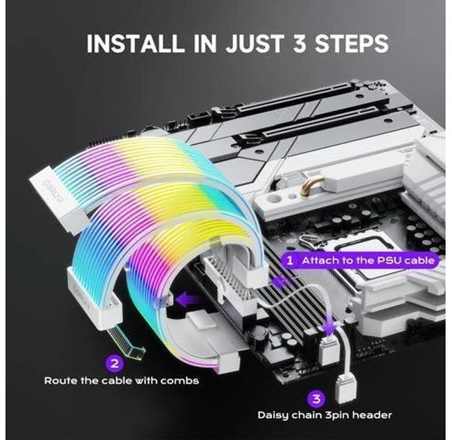 Alt view image 11 of 14 - RGB LED Strips for PSU Cables - Flexible ARGB Lighting Sleeves,Manage/Cover 8 pin PCIE/12VHPWR GPU,24 Pin ATX Power Supply Cable and Extensions,Decor PC Case,5V 3Pin SYNC