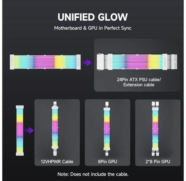 Alt view image 14 of 14 - RGB LED Strips for PSU Cables - Flexible ARGB Lighting Sleeves,Manage/Cover 8 pin PCIE/12VHPWR GPU,24 Pin ATX Power Supply Cable and Extensions,Decor PC Case,5V 3Pin SYNC
