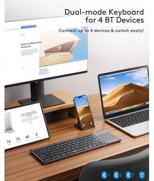 Alt view image 9 of 14 - Foldable Bluetooth Keyboard with Touchpad, Full-Size Dual-Mode Wireless Folding Keyboard, Rechargeable Portable Travel Keyboard for iOS Android Windows Mac OS, Support 4 Device(BT5.1x3 + 2.4G)