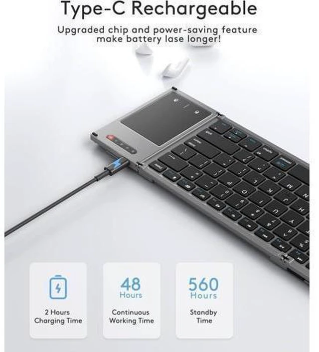 Alt view image 14 of 14 - Foldable Bluetooth Keyboard with Touchpad, Full-Size Dual-Mode Wireless Folding Keyboard, Rechargeable Portable Travel Keyboard for iOS Android Windows Mac OS, Support 4 Device(BT5.1x3 + 2.4G)