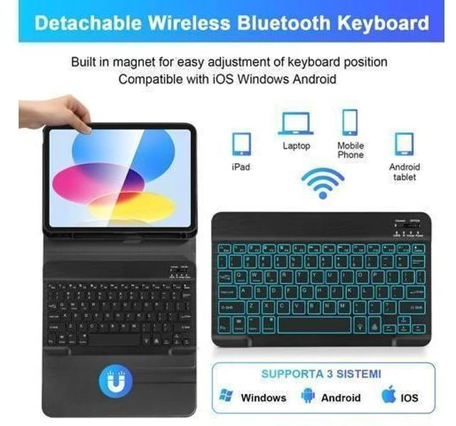 Alt view image 8 of 10 - SOPPY Keyboard Case for iPad, 7-Color Backlight Keyboard for iPad 10th Gen 10.9" 2022 (A2696/A2757/A2777), Detachable Keyboard Case, Built-in Pencil Slot - Black