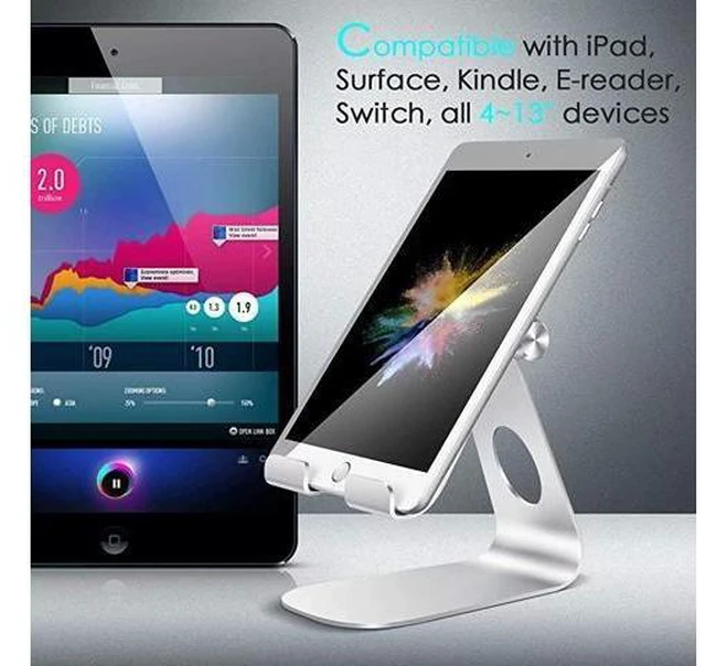 Alt view image 14 of 14 - Tablet Stand Adjustable Tablet Stand Desktop Stand Holder Dock Compatible with Tablet Such as iPad 2018 Pro 97 105 Air Mini 4 3 2 Kindle Nexus Tab EReader 413 Silver