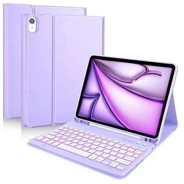 Alt view image 6 of 10 - MMK iPad Air 11 inch (M2) 2024 & iPad Air 5th 4th Generation Case with Keyboard 10.9 Inch, iPad Case with 7 Colors Backlit Bluetooth Keyboard,Smart Folio Keyboard Cover with Pencil Holder,Clove Purple