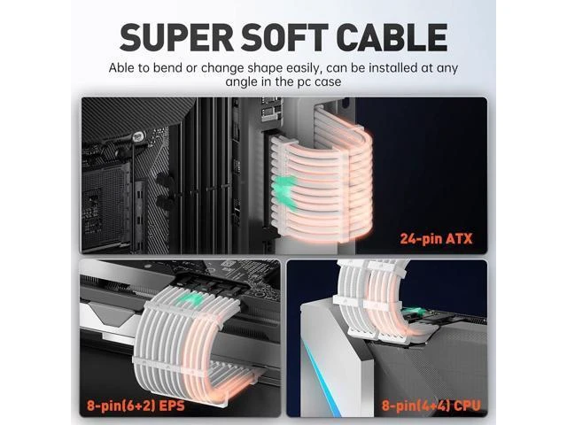 Alt view image 13 of 14 - AsiaHorse 16AWG Pro Power Supply Sleeved Cable, White Power Supply Extension Cable Dual EPS Kit, 1x24-PIN/ 2x8-PORT (4+4) M/B,3x8-PORT (6+2) PCI-E, 30cm Length with 2 Set of Combs