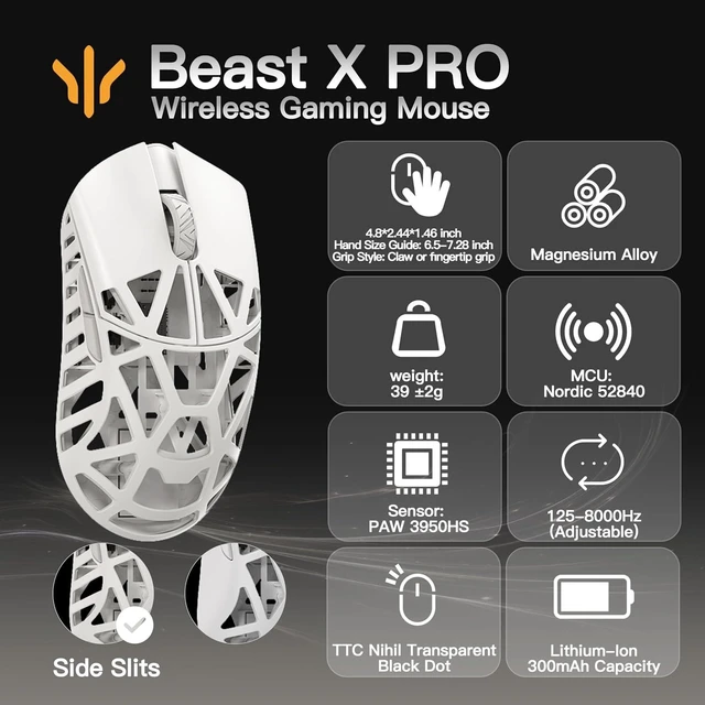Alt view image 6 of 10 - WLMOUSE Beast X Pro Ultra-Light 39g Magnesium Gaming Mouse, PAW3950 HS Sensor, 8K Polling Rate, 30000 DPI,OM & TTC Switches, Customizable Side Panels.(Milky White(TTC Switch-Side Slits))