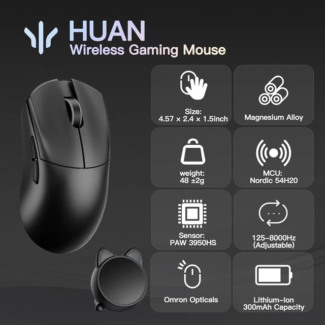 Alt view image 9 of 14 - WLMOUSE Huan 48g Ultra-Lightweight Magnesium Alloy Gaming Mouse,8K Voice & Display Receiver, Dual 8K Wireless/Wired, PAW3950HS Sensor, RGB Wheel Lighting, Nordic 54H20 (Balck(OM Switch))