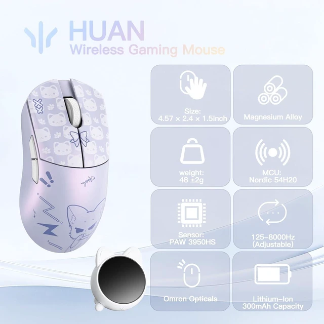 Alt view image 9 of 14 - WLMOUSE Huan 48g Ultra-Lightweight Magnesium Alloy Gaming Mouse,8K Voice & Display Receiver, Dual 8K Wireless/Wired, PAW3950HS Sensor, RGB Wheel Lighting, Nordic 54H20 (Nekko(OM Switch))