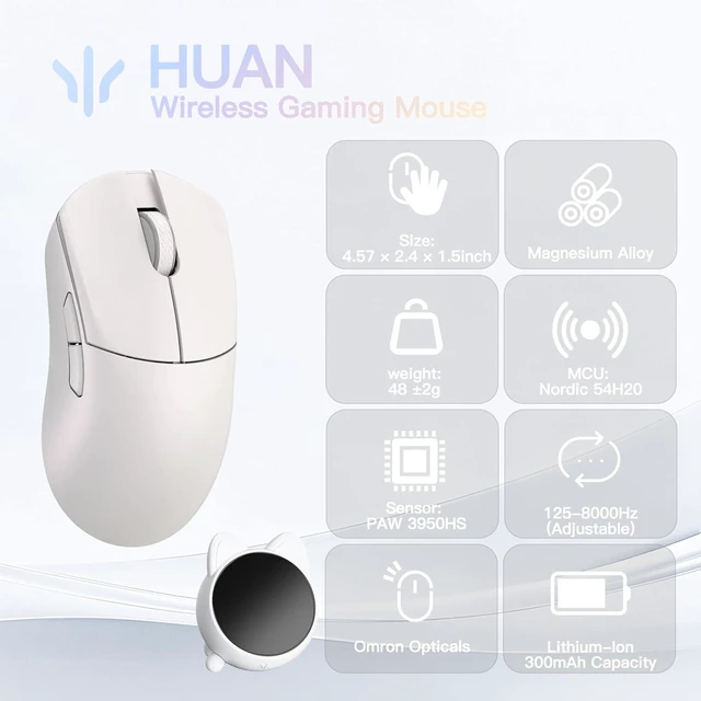 Alt view image 9 of 14 - WLMOUSE Huan 48g Ultra-Lightweight Magnesium Alloy Gaming Mouse,8K Voice & Display Receiver, Dual 8K Wireless/Wired, PAW3950HS Sensor, RGB Wheel Lighting, Nordic 54H20 (White(OM Switch))