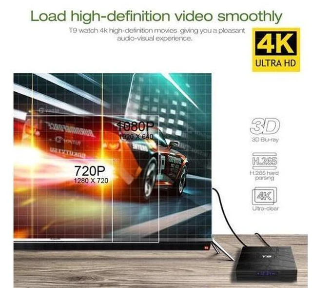 Alt view image 10 of 10 - 9.0 TV BOX T9 Smart TV Box 4K Quad Core Media Player 4GB RAM 32GB/64GB ROM H.265 2.4G/5G WIFI USB 3.0 TVbox Set Top Box
