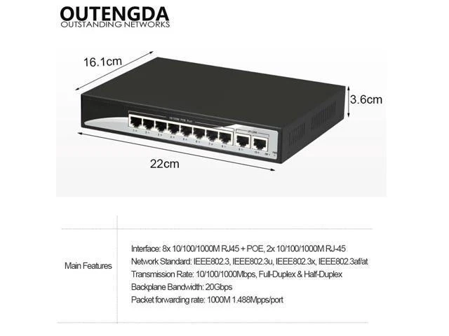 Alt view image 10 of 10 - 10 Port POE Switch 10/100/1000Mbps Poe Standard 802.3af/at Network Switch for IP Cameras and Wireless AP
