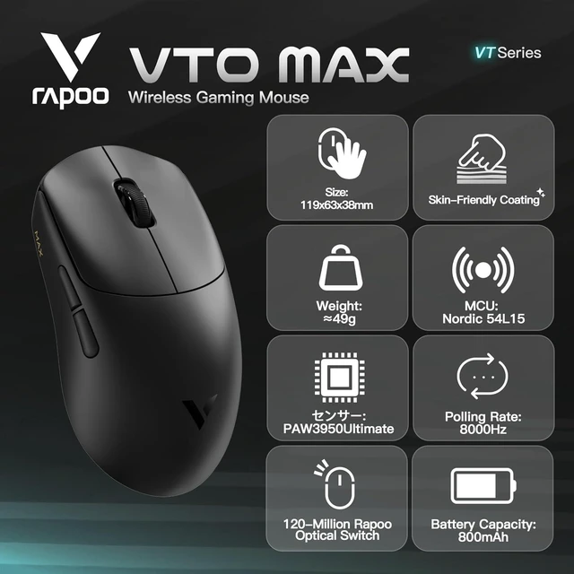Alt view image 4 of 4 - VT MAX Lightweight Wireless Gaming Mouse, PAW3950 Ultimate Sensor,750H Battery Life, 8K Polling, 45K DPI, Dual-Mode 2.4G/USB-C, Esports Grade Performance Mouse for PC/Mac (VT0 MAX, Black)