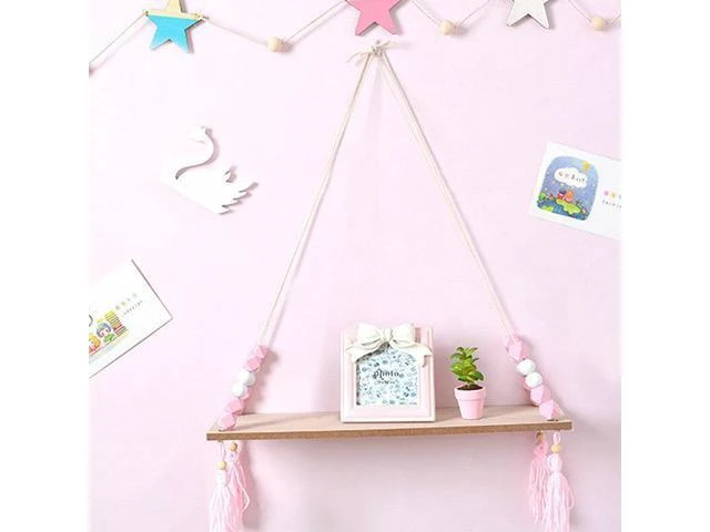 Alt view image 10 of 10 - Wood Wall Mounted Shelf Beads Board Tassels Hanging Storage Shelf Floating Rack Book Holder Bookshelf Home Office Decor