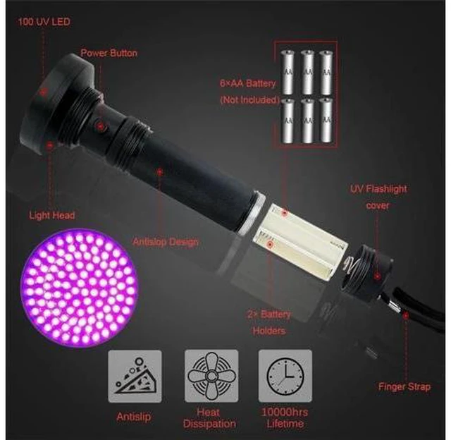 Alt view image 8 of 10 - UV Flashlights 100 LEDs Handheld Powerful Ultraviolet Black Light Scorpion Pet Dog and Cat Urine Stain Detector