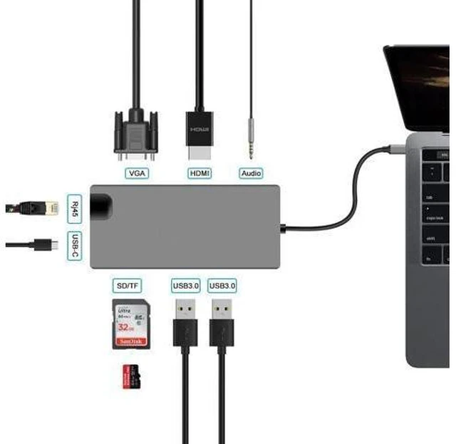 Alt view image 9 of 10 - Audio Jack USB Hub Converter 4K VGA Type C Hub 3.0 USB to RJ45 Lan Network Card For Macbook Matebook