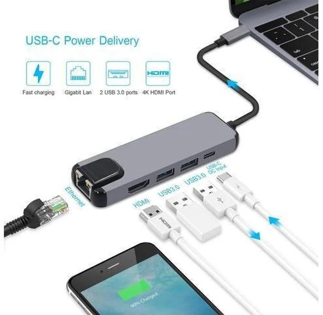 Alt view image 10 of 10 - Audio Jack USB Hub Converter 4K VGA Type C Hub 3.0 USB to RJ45 Lan Network Card For Macbook Matebook