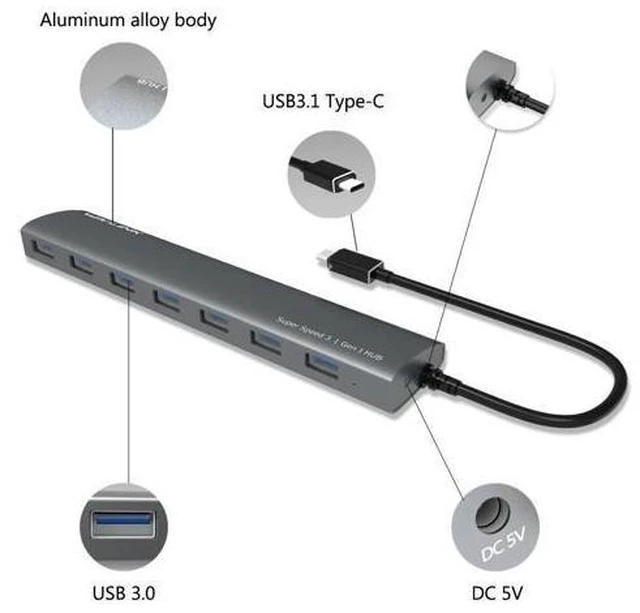 Alt view image 8 of 10 - High Speed 7 Ports USB C HUB USB3.0 Hub Aluminum Type C USB 3.1 Splitter with 5V/4A Power Adapter for Laptop PC Tablet