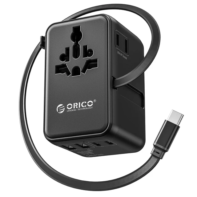 Alt view image 2 of 2 - 70W Universal Travel Adapter with 2 AC Outlets and 3 USB-C and 2 USB-A Ports, Built-in Retractable USB-C Cable, Type A, C, G, I Outlets, International Travel Adapter for Global Travel