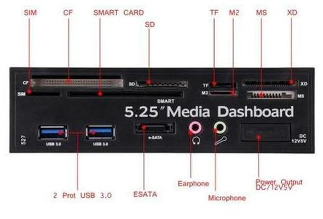 Alt view image 10 of 10 - 5.25inch PC Multifunction Media Dashboard USB3.0 e-SATA Power Port Audio SIM/SMART Multi Card Reader supports M2/TF/SD/XD/MS/CF