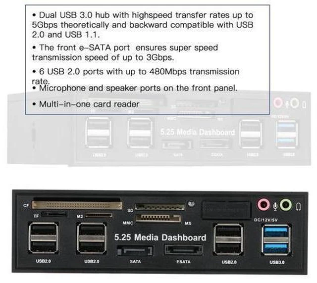 Alt view image 6 of 10 - USB 3.0 Hub eSATA SATA Port Internal Card Reader PC Dashboard Media Front Panel Audio