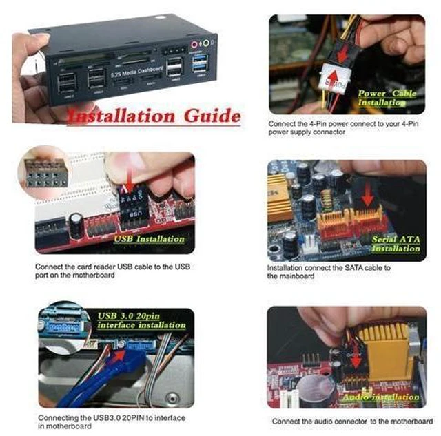 Alt view image 12 of 14 - 5.25" USB 3.0 e SATA All in 1 PC Media Dashboard Multi function Front Panel Card Reader I/O Ports