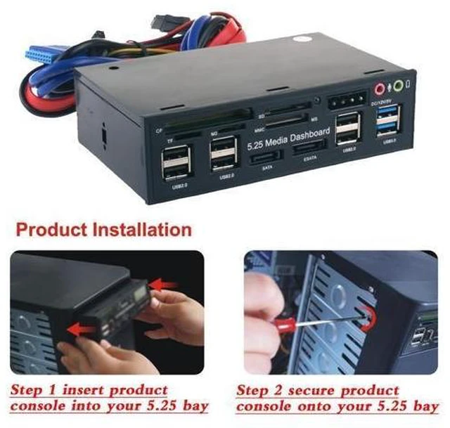 Alt view image 13 of 14 - 5.25" USB 3.0 e SATA All in 1 PC Media Dashboard Multi function Front Panel Card Reader I/O Ports