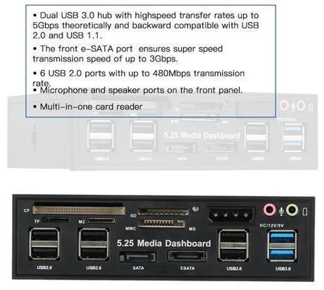 Alt view image 14 of 14 - 5.25" USB 3.0 e SATA All in 1 PC Media Dashboard Multi function Front Panel Card Reader I/O Ports