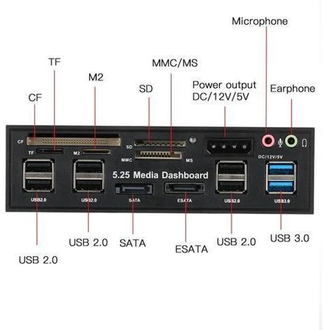 Alt view image 10 of 10 - USB 3.0 Hub eSATA SATA Port Internal Card Reader PC Dashboard Media Front Panel Audio for SD MS CF TF M2