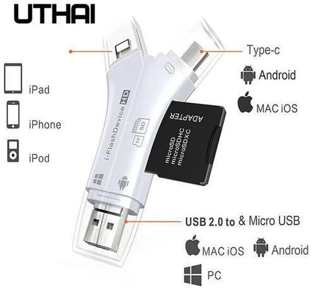 Alt view image 6 of 10 - C11 Lightning Card Reader SD TF USB C to MicroUSB Multi Card readers 4in1 Type-C Flash Drive For Iphone 7 8 11 X XR MAX