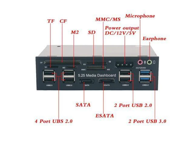 Alt view image 8 of 10 - Multifuntion 5.25inch Media Dashboard Card Reader USB 2.0 USB 3.0 20 pin e-SATA SATA Front Panel for Optical Drives Bay